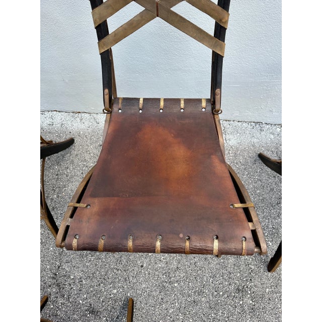 1960s Alberto Marconetti Original Oak, Iron & Leather Straps Dining Chairs - Set of 12 For Sale - Image 5 of 12