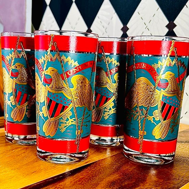 1960s Americana Gold Eagle Regimental Drum Highball Glasses 22k Vintage Set of 4 For Sale In Boston - Image 6 of 11