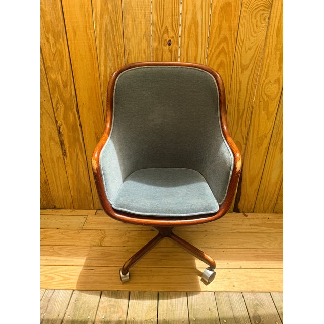 Authentic Ward Bennett for Brickel Associates executive office chair, manufactured circa 1975. This sculptural high back...