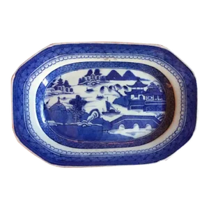 Antique 19th Century Chinese Export Canton Porcelain Platter Decorated with Harbor Landscape
