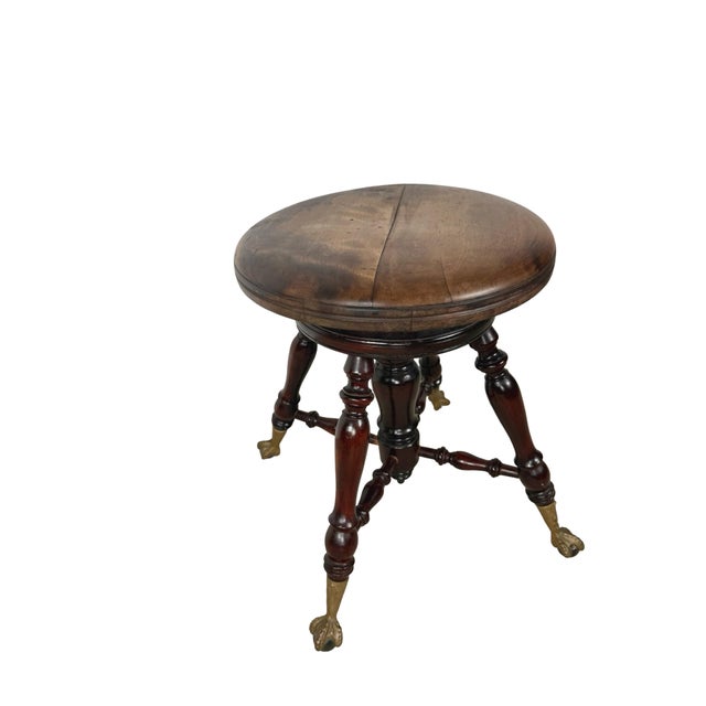 Antique Victorian Style Adjustable Piano Stool With Glass Ball-and-Claw Feet For Sale - Image 13 of 16