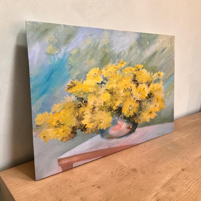 1980s 1980s Francis “Duke” Downs Palm Beach Yellow Chrysanthemum Floral Still Life Original Oil on Canvas, 30” For Sale - Image 5 of 9