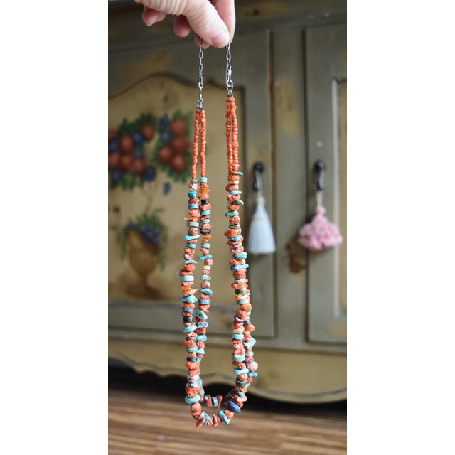Vintage Coral Turquoise and Other Mixed Stone Double Strand Native American Necklace For Sale - Image 15 of 16