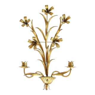 Vintage Italian Gilt Metal Floral Two Light Candle Wall Sconce For Sale