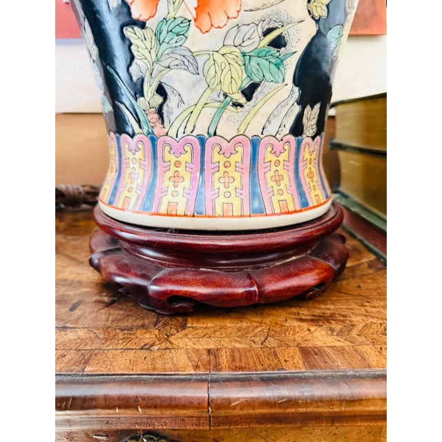 Vintage Chinese Famille Noire with Floral Birds Ginger Jar Table Lamps - Pair For Sale - Image 11 of 12