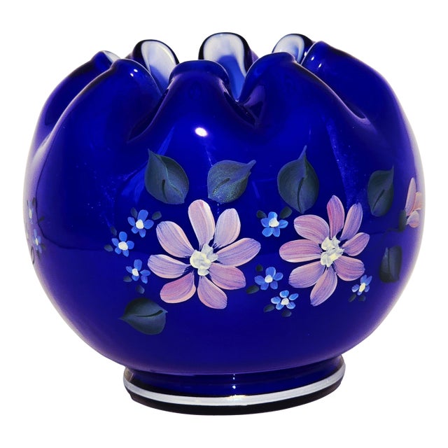 Fenton Cobalt Blue Ruffled Vase – Hand Painted & Signed by J. Cunningham For Sale
