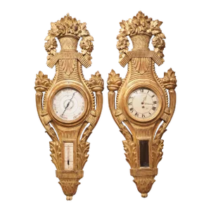 19th Century Louis XVI Style Giltwood Barometer and Cartel Set, Circa 1875