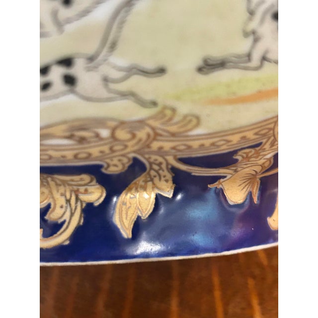 Vintage Chinoiserie Porcelain Equestrian Fox Hunt Scene Bowl in Cobalt Blue & Gilt For Sale - Image 11 of 12