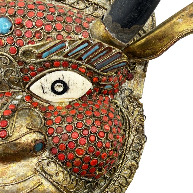 Traditional Vintage Tibetan Gilt Copper Jeweled Ritual Mask With Coral and Turquoise Inlay For Sale - Image 3 of 11