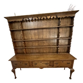 Mid-Century English Georgian Style Oak Welsh Dresser & Open Plate Rack For Sale