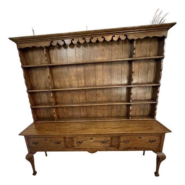 Mid-Century English Georgian Style Oak Welsh Dresser & Open Plate Rack For Sale