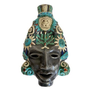 Vintage Mexican Folk Art Ceramic & Stone Embellished Sculptural Wall Mask For Sale