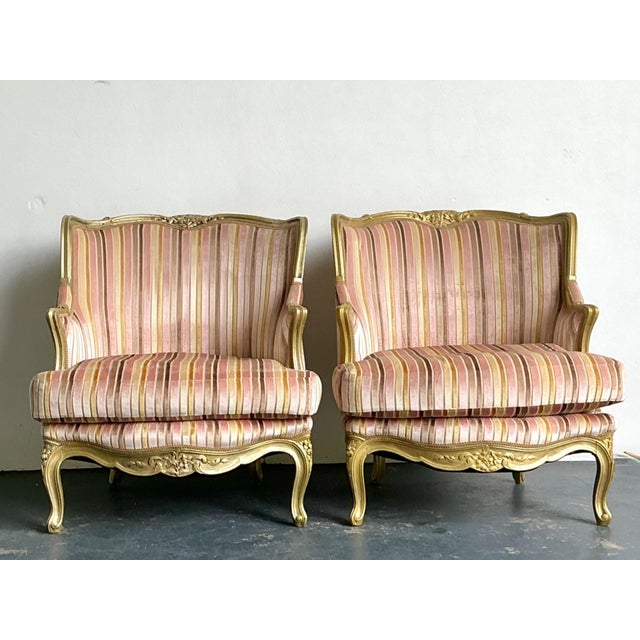 Wood Vintage French Giltwood Striped Devore Bergère Chairs - A Pair For Sale - Image 7 of 18