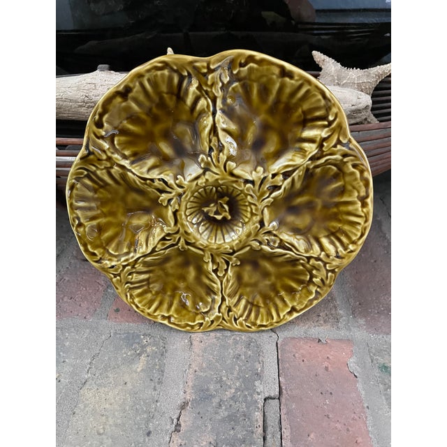 1950s French Gien Majolica Olive Green Oyster Plate For Sale - Image 11 of 14