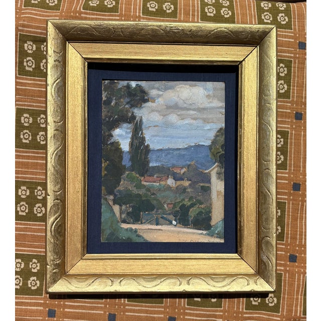 French 1950s French Mountain Village View Original Painting in Vintage Gold Frame For Sale - Image 3 of 5