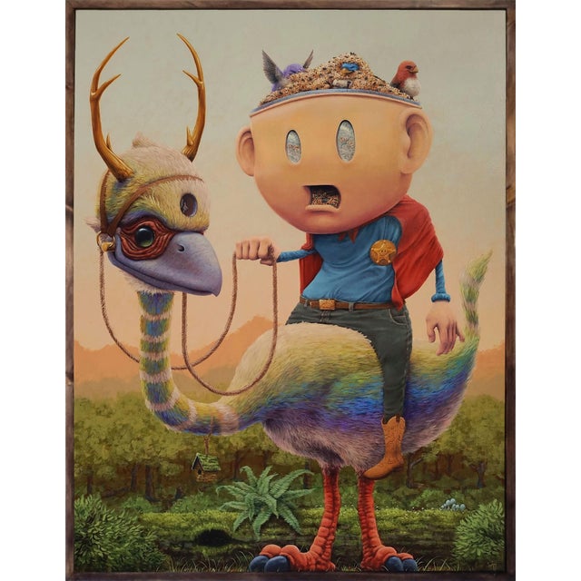 Masks We Wear,Everybody Wants A Piece by 3rd Ver (Ben Patterson)|Acrylic & Oils on Canvas depicting a character with a headpiece riding a large bird. For Sale - Image 9 of 10