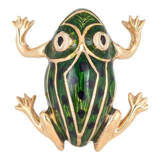 Green Enamel Frog Brooch Vintage 14 Karat Gold Black Spots Estate Fine Jewellery For Sale