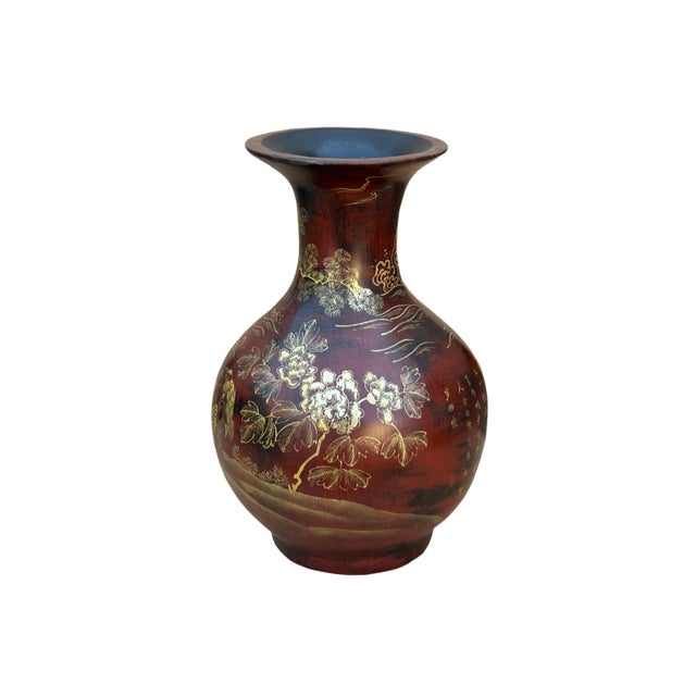 Chinese Brown Lacquer Golden Scenery Decorative Wood Vase Art For Sale In San Francisco - Image 6 of 16