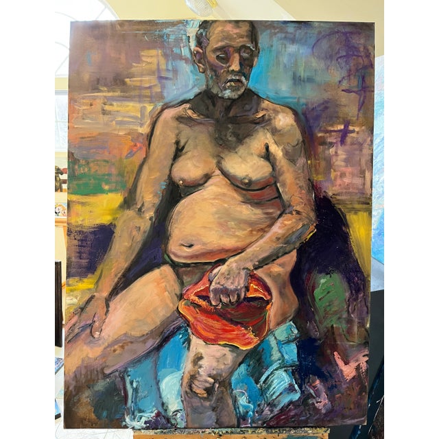 Wood Hat in Hand, Portrait of a Man, Life Size Oil Paintings, by Van Ness For Sale - Image 7 of 7