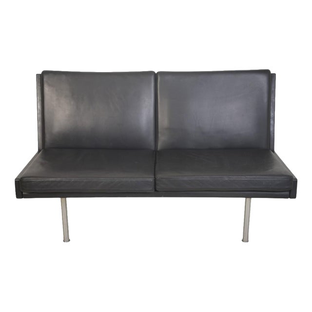 AP35 2-Seater Sofa in Black Leather by Hans J. Wegner, 1970s For Sale
