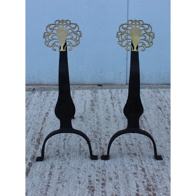 1940s English brass medallion andirons.