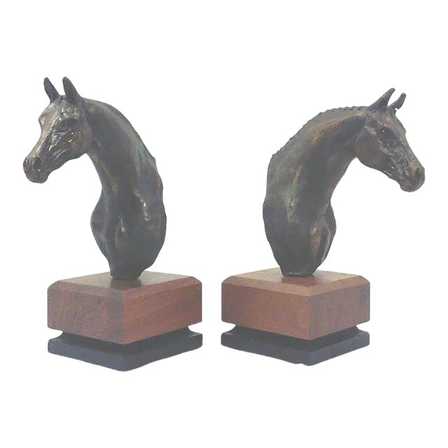 Vintage Equestrian Horse Bookends on Teak Bases-a Pair For Sale