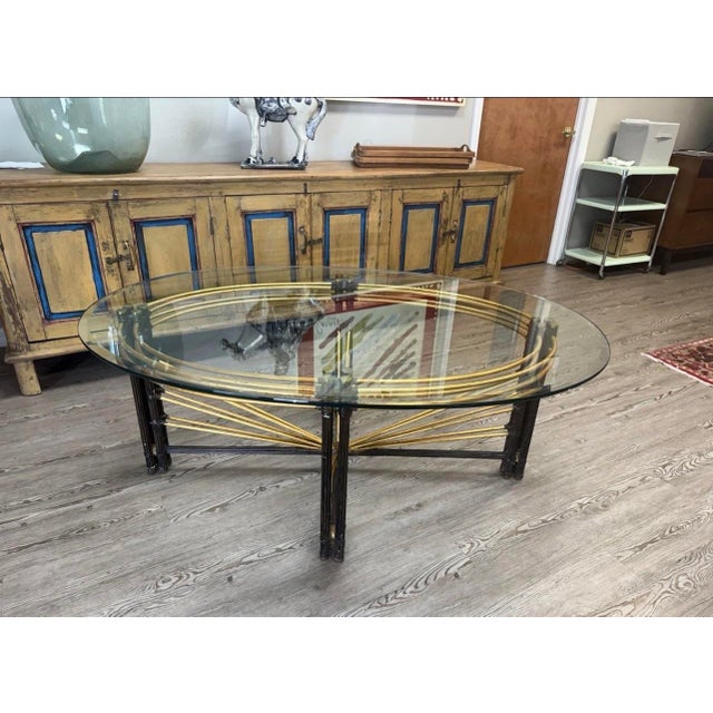 1970 Steel Faux Bamboo and Glass Gilt Coffee Table For Sale - Image 4 of 5