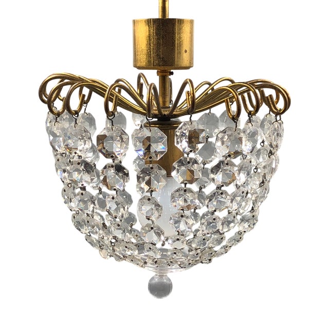 Hollywood Regency Art Deco Basket Chandelier in Brass & Crystal Ceiling Lamp For Sale