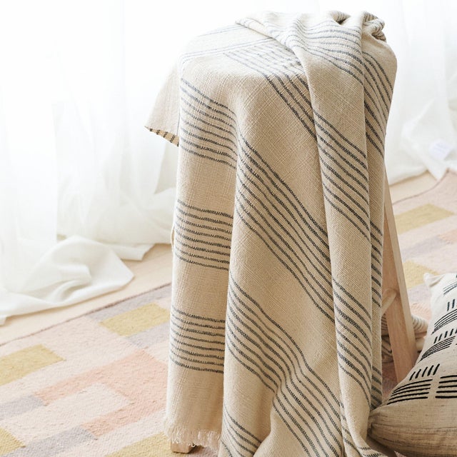 Silica Chalk Off White and Gray Stripes Pattern Soft Handwoven Merino Throw For Sale In Detroit - Image 6 of 6