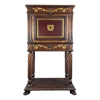 19th Century Neo-Renaissance Carved and Polychrome Wooden Secretary Desk For Sale