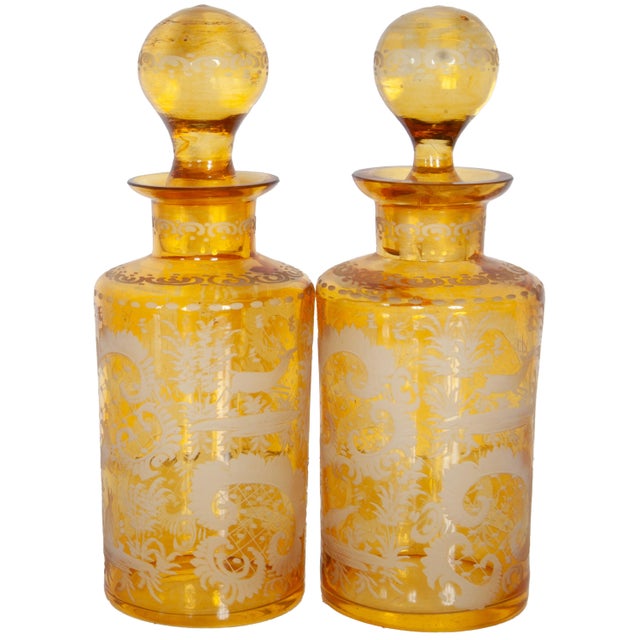 Antique Pair 19th Century Etched Bohemian Amber Glass Wine Liquor Decanters 1880 For Sale - Image 9 of 15