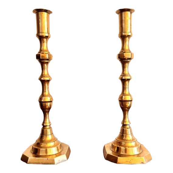 Large Antique Victorian Brass Candlesticks, 1880, Set of 2 For Sale