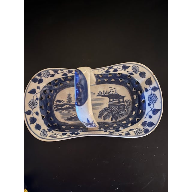 Shabby Chic Vintage Blue and White Ceramic Basket For Sale - Image 3 of 4