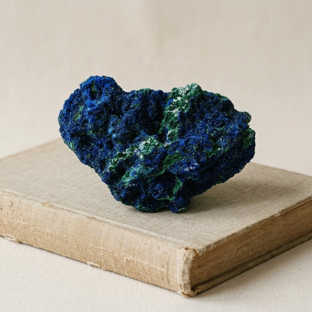 A sculptural natural Azurite-Malachite specimen selected for its intense ultramarine blue surface, vivid green mineral...