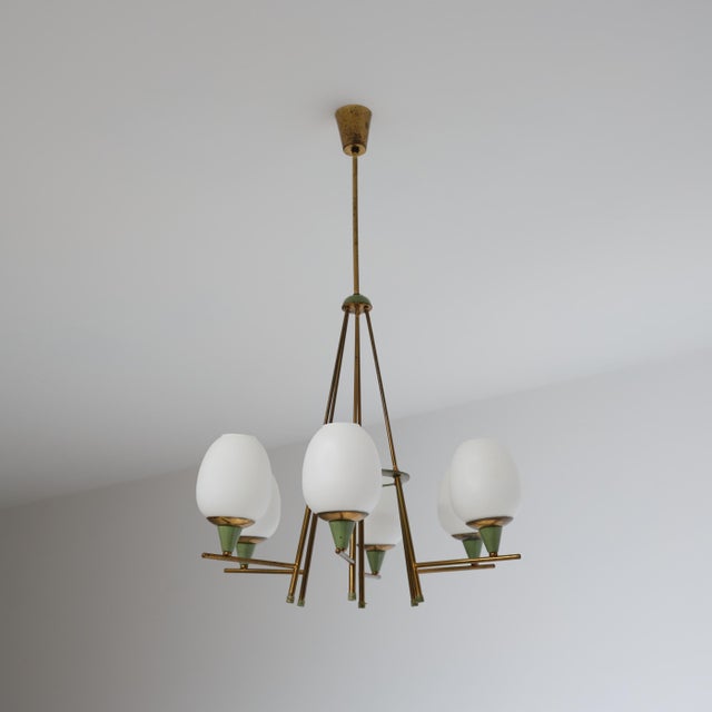 Metal Vintage Italian Chandelier in Brass with Green-Lacquered Metal and Opaline Glass, 1950s For Sale - Image 7 of 12