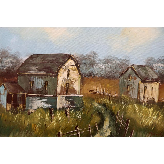 Original mid-century landscape painting on stretched canvas depicting a quiet rural scene with barns set among tall grass...