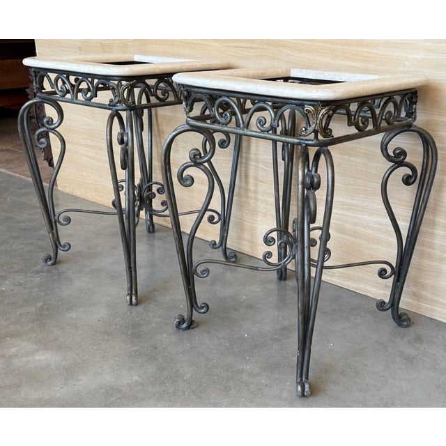 Early 20th Century Early 20th Century Pair of Neoclassical Style Patinated Forged Iron Planter Stands with marble top For Sale - Image 5 of 18