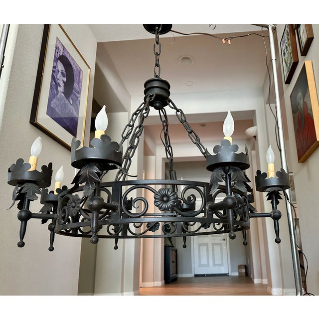 1960s Large Spanish Revival Metal Forged Black Chandelier For Sale - Image 17 of 17