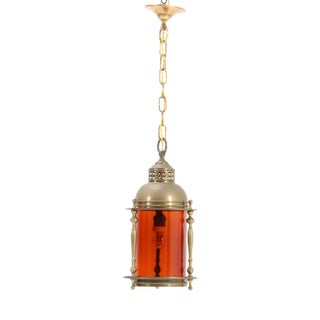 Art Nouveau Patinated Brass Lantern with Original Glass Shade, 1900s For Sale