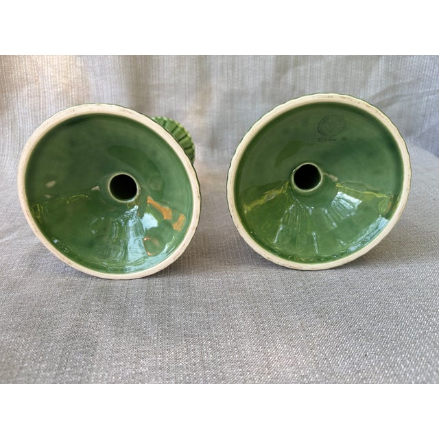 Vintage Bordallo Pinheiro Green Ceramic Candlestick a Pair For Sale - Image 11 of 11