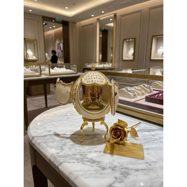 2005 Vintage Fabergé Egg Style XXXXL Pierre Lorren Natural Egg Hand Carved Faberge Style Music Austrian Crystal Pure Gold Deco Handmade 5.1" X 5.9" For Sale - Image 9 of 15