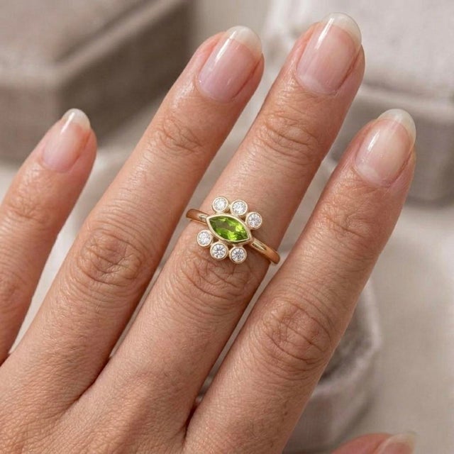 Contemporary Peridot Marquise Cut Ring | August Birthstone Ring | Unique Style Gemstone Statement Us 7 For Sale - Image 3 of 6