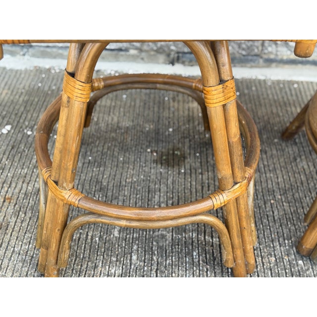 Pair of 1970s Vintage Rattan & Cane Swivel Bar Stools With Upholstered Seats For Sale - Image 9 of 10