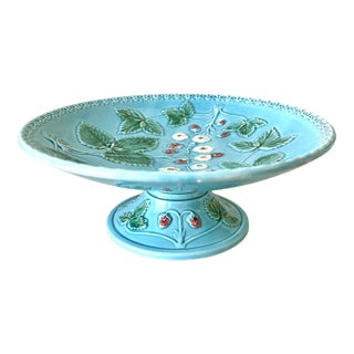 Vintage Majolica Wild Strawberry Footed Compote Bowl For Sale