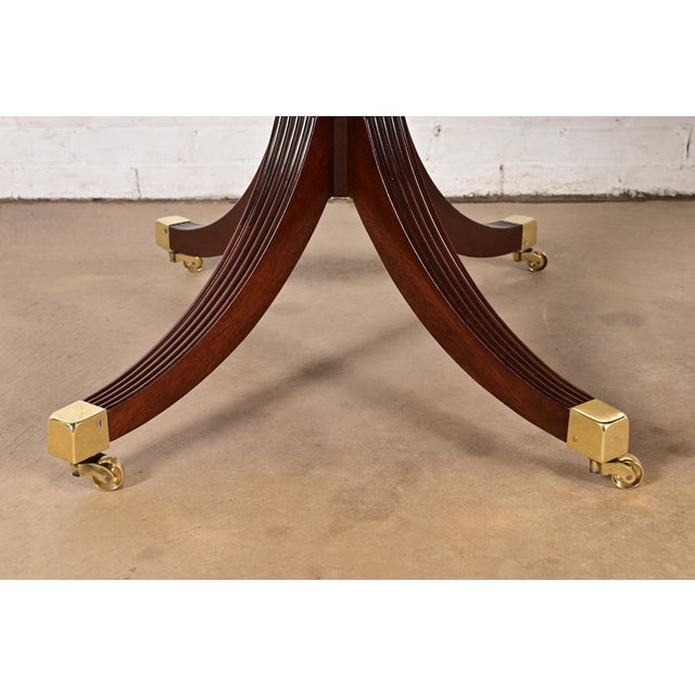 Baker Furniture Style Georgian Banded Mahogany Double Pedestal Extension Dining Table, Newly Refinished For Sale - Image 12 of 14