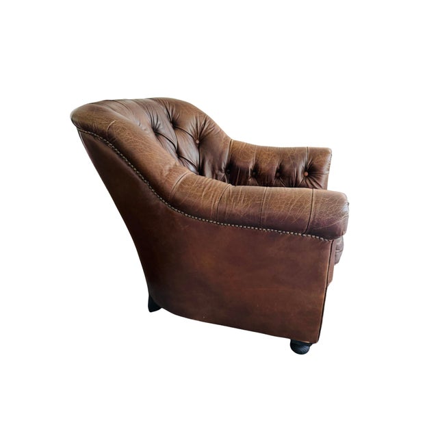 Restoration Hardware Distressed Leather Club Chairs, Pair – Tufted English Library Lounge Chairs With Rolled Arms & Brass Casters For Sale - Image 12 of 18