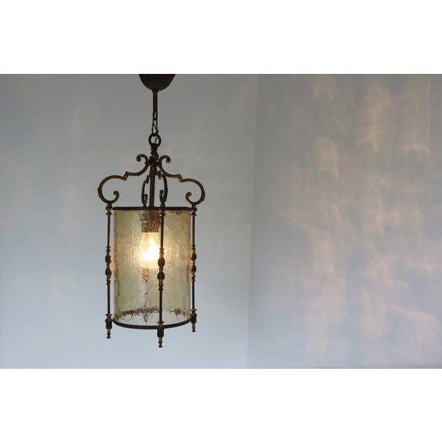 Vintage Brass and Textured Glass Pendant Lantern, France, 1950s For Sale - Image 13 of 13