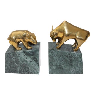 Brass and Marble Bull and Bear Bookends - the Pair For Sale