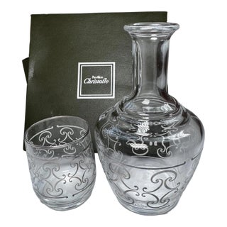 1990s Christofle Crystal Night Set: Baroque Etched Carafe & Tumbler in Box For Sale