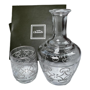 1990s Christofle Crystal Night Set: Baroque Etched Carafe & Tumbler in Box